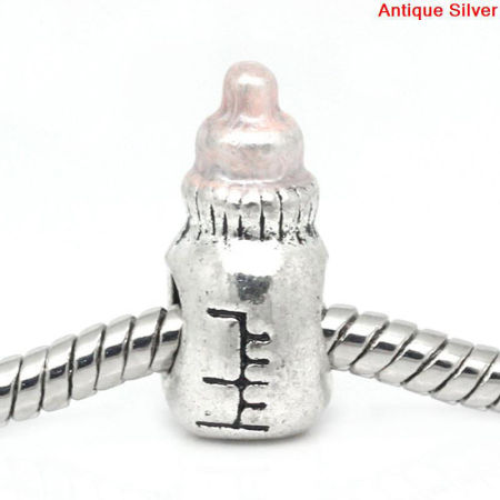 Zinc Metal Alloy European Style Large Hole Charm Beads Milk Bottle Antique Silver Color Pink Enamel About 16mm x 9mm, Hole: Approx 4.4mm x 4.5mm, 10 PCs