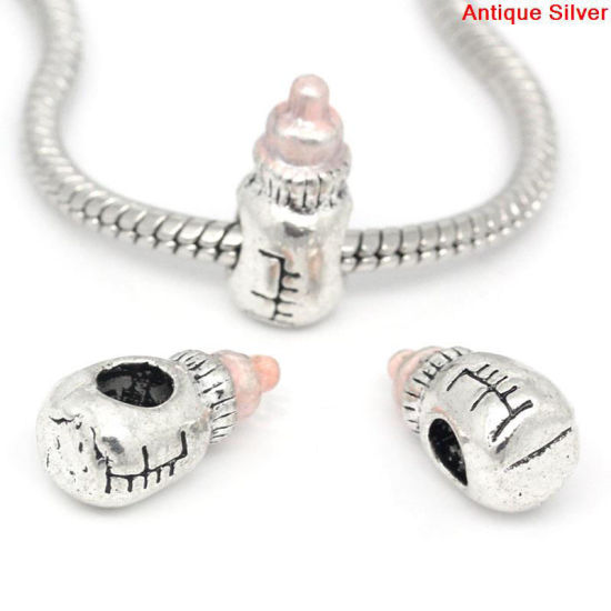 Immagine di Lega di Zinco Stile Europeo Perline Bottiglia di Latte Rosa Argento Antico Circa 16.0mm x 9.0mm, Foro: Circa 4.4mm x 4.5mm, 10 Pz