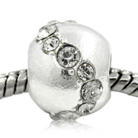 Zinc Metal Alloy European Style Large Hole Charm Beads Round Silver Plated Clear Rhinestone About 12mm x 10mm, Hole: Approx 5.6mm, 5 PCs