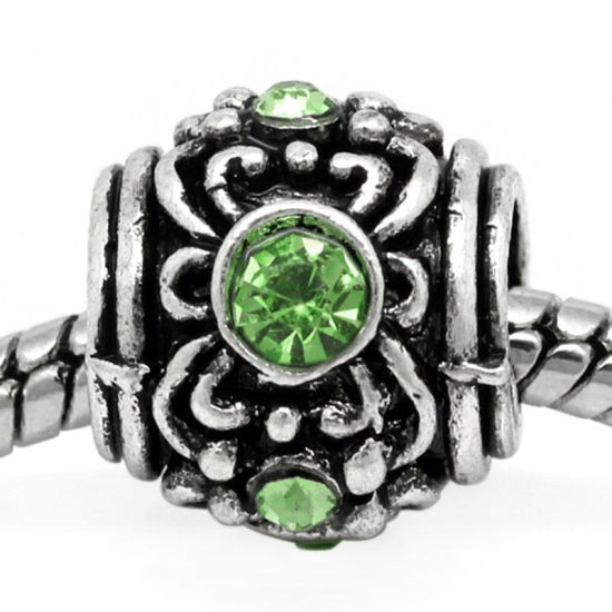 Picture of 10 PCs Zinc Based Alloy European Style Large Hole Charm Beads Antique Silver Color Barrel Carved Pattern Green Rhinestone 12mm x 10.5mm, Hole: Approx 5.3mm
