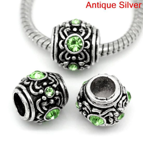 Picture of 10 PCs Zinc Based Alloy European Style Large Hole Charm Beads Antique Silver Color Barrel Carved Pattern Green Rhinestone 12mm x 10.5mm, Hole: Approx 5.3mm