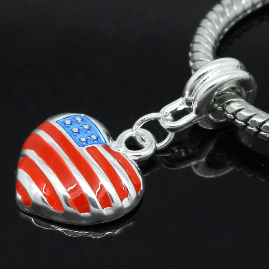 Picture of European Style Large Hole Charm Dangle Beads Heart Silver Plated American Flag Pattern Enamel 29mm x 15mm, Hole: Aprox 4.6mm, 5 PCs