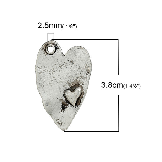 Immagine di Lega di Zinco Charm Ciondoli Cuore Argento Antico Cuore Disegno 3.8cm x 24.0mm, 5 Pz