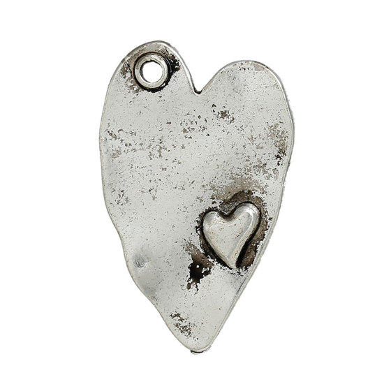 Immagine di Lega di Zinco Charm Ciondoli Cuore Argento Antico Cuore Disegno 3.8cm x 24.0mm, 5 Pz