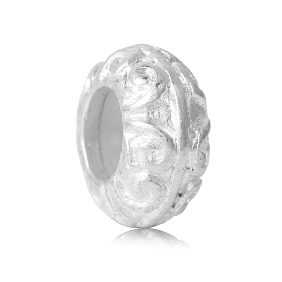 Image de Perles d'Espacement de Bouchon avec Noyau en Caoutchouc en Alliage de Zinc Forme Plat-Rond Argenté, 11mm x 5mm, Tailles de Trous: 1.6mm, 10 Pcs