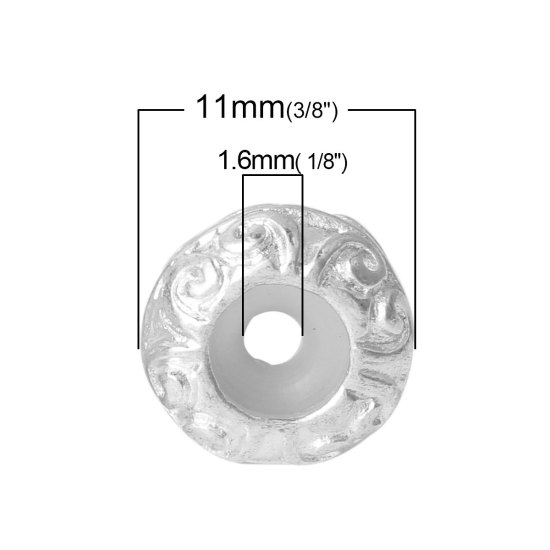 Picture of Zinc Based Alloy Stopper Spacer Beads With Rubber Core Flat Round Silver Plated 11mm x 5mm, Hole: 1.6mm, 10 PCs