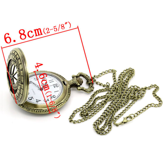 Picture of Pocket Watches Round Antique Bronze Roman Numbers Carved Battery Included 81.5cm long(32 1/8"),1Piece