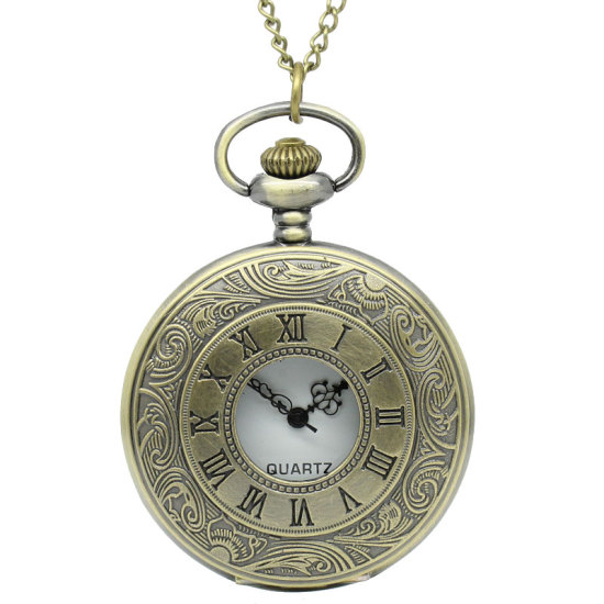 Bild von Zinklegierung + Legierung  Taschenuhr Uhr mit Batterie Rund Bronzefarbe, mit Zahl Muster, 80.0cm lang, 1 Stück
