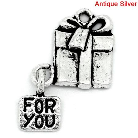Zinklegierung Weihnachten Weihnachten Anhänger Weihnachten Geschenkbox Antik Silber,mit Message Muster, "FOR YOU", 26.0mm x 16.0mm, 20 Stücke 