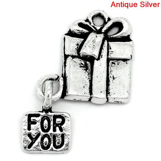 Image de Pendentifs en Alliage de Zinc Forme Boîtes de cadeau Noël  Gravé caractère Argent vieilli, avec Mots FOR YOU, 26.0mm x 16.0mm, 20 Pièces 