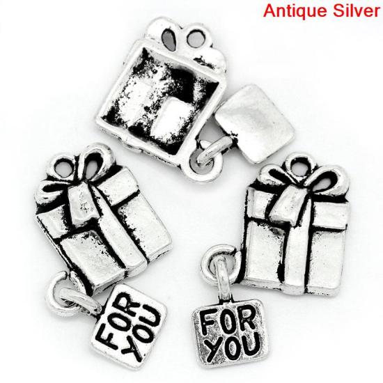 Bild von Zinklegierung Weihnachten Weihnachten Anhänger Weihnachten Geschenkbox Antik Silber,mit Message Muster, "FOR YOU", 26.0mm x 16.0mm, 20 Stücke 