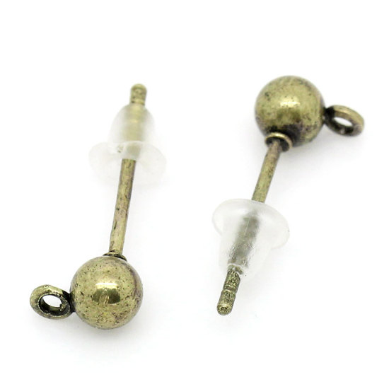 Picture of Zinc Based Alloy Ear Post Stud Earrings Findings Ball Antique Bronze W/ Loop 16mm x 6mm, Post/ Wire Size: (21 gauge), 100 PCs