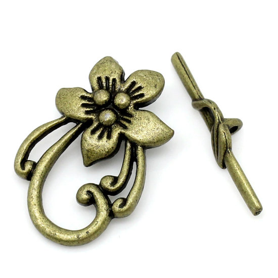 Bild von Zinklegierung Knebelverschluss Blumen Bronzefarbe 2cm x 3cm 3cm x 0.6cm, 20 Sets