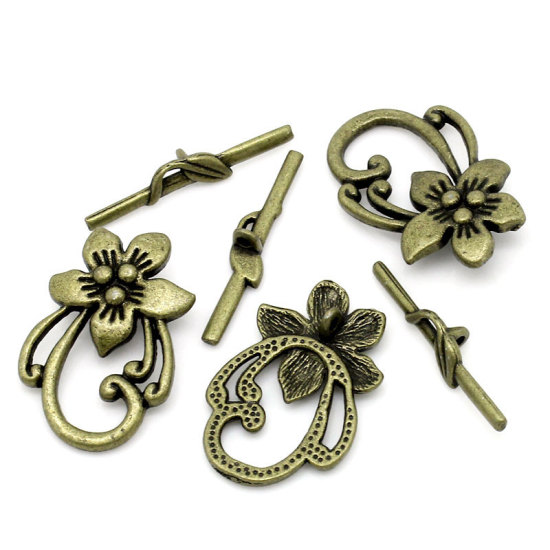 Bild von Zinklegierung Knebelverschluss Blumen Bronzefarbe 2cm x 3cm 3cm x 0.6cm, 20 Sets