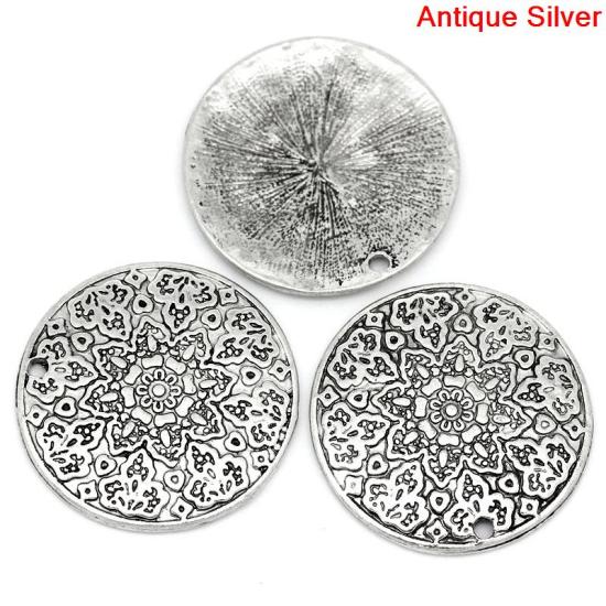Picture of Charm Pendants Round Antique Silver Color Flower Pattern Carved 28mm Dia,10PCs