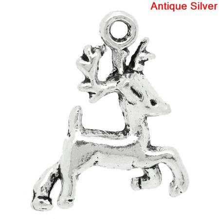 Imagen de Colgantes Aleación del Metal Del Zinc de Ciervo Reno Navidad Plata Antigua Rhinestone 21.0mm x 17.0mm, 50 Unidades 