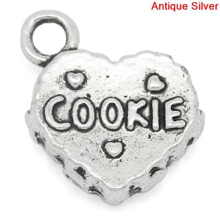 Bild von Zinklegierung Anhänger Herz Antik Silber,mit Message Muster, "COOKIE", 14.0mm x 13.0mm, 30 Stücke 