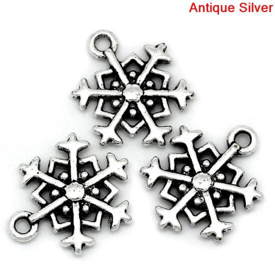 Bild von Zinklegierung Weihnachten Weihnachten Anhänger Schneeflocke Antik Silber 18.0mm x 14.0mm, 50 Stücke