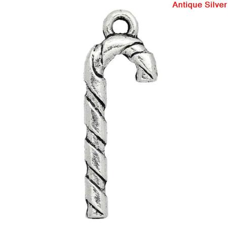 Imagen de Colgantes Aleación del Metal Del Zinc de Bastón de Caramelo de Navidad Plata Antigua Rhinestone 26.0mm x 9.0mm, 50 Unidades 