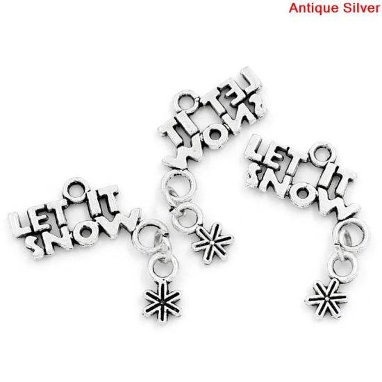 Image de Pendentifs en Alliage de Zinc Forme Flocon de neige Argent vieilli Gravé Mot "LET IT SNOW", 28.0mm x 23.0mm, 20 Pcs