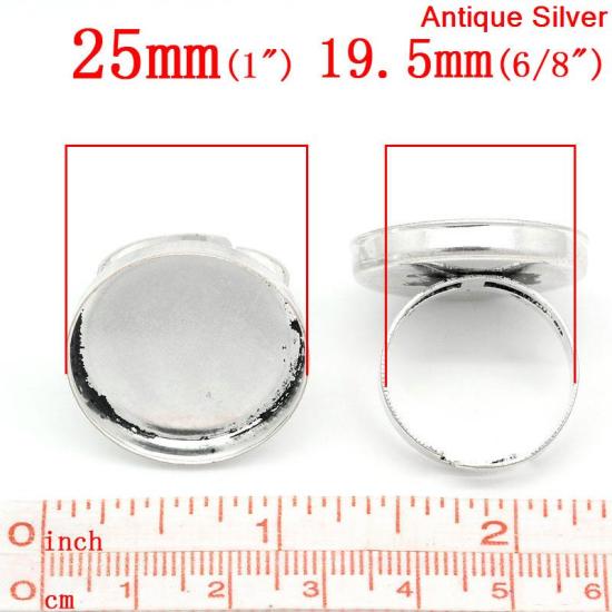 Picture of Brass Adjustable Cabochon Settings Rings Round Antique Silver Color (Fits 25mm Dia) 19.5mm( 6/8")(US Size 9.5), 2 PCs                                                                                                                                         