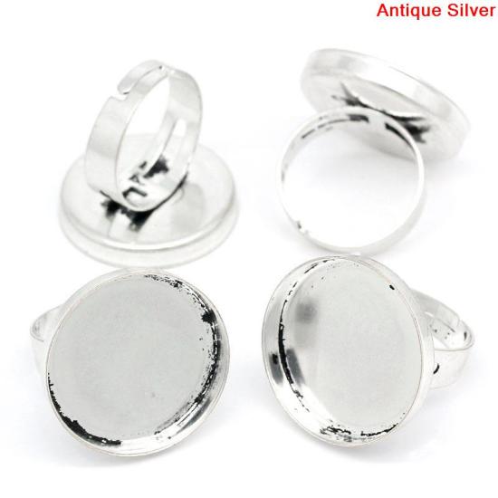 Picture of Brass Adjustable Cabochon Settings Rings Round Antique Silver Color (Fits 25mm Dia) 19.5mm( 6/8")(US Size 9.5), 2 PCs                                                                                                                                         