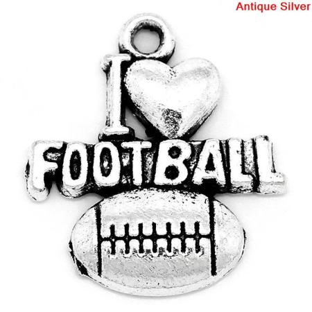 Picture of Charm Pendants Heart Football Antique Silver Color "I Love Football" Message Carved 20x18mm,50PCs