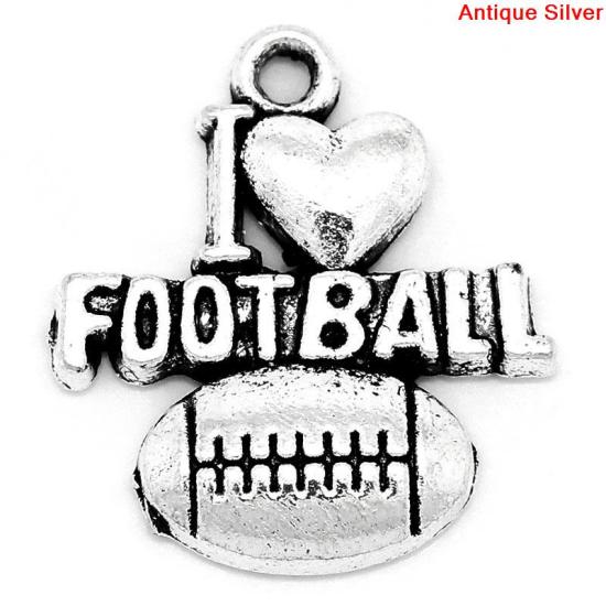 Bild von Zinklegierung Anhänger Herz Antik Silber,mit Message Muster, "I Love Football", 20.0mm x 18.0mm, 50 Stücke