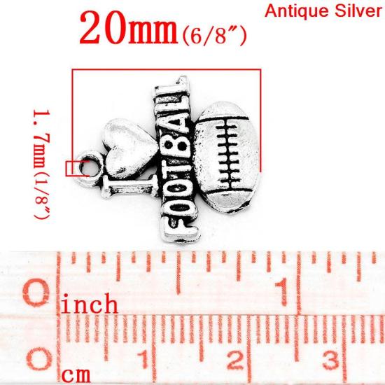 Bild von Zinklegierung Anhänger Herz Antik Silber,mit Message Muster, "I Love Football", 20.0mm x 18.0mm, 50 Stücke