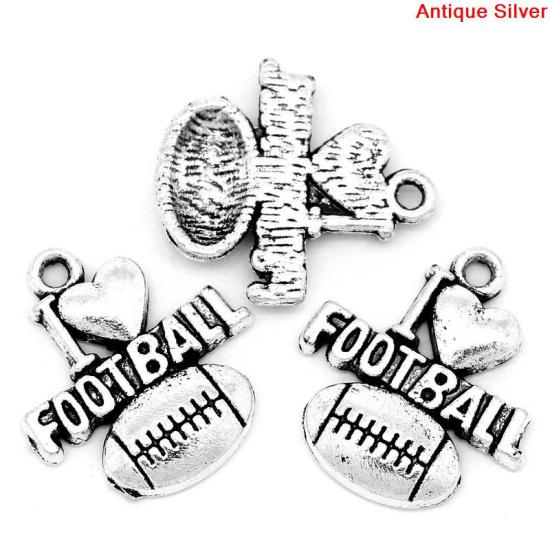 Bild von Zinklegierung Anhänger Herz Antik Silber,mit Message Muster, "I Love Football", 20.0mm x 18.0mm, 50 Stücke