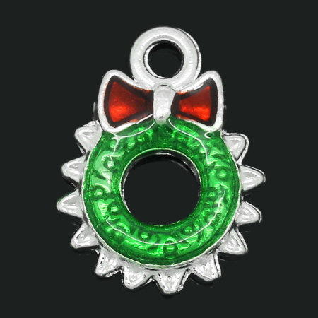 Imagen de Colgantes Aleación del Metal Del Zinc de Guirnalda de la Navidad,Flor Argentado Rhinestone 18.0mm x 13.0mm, 10 Unidades 