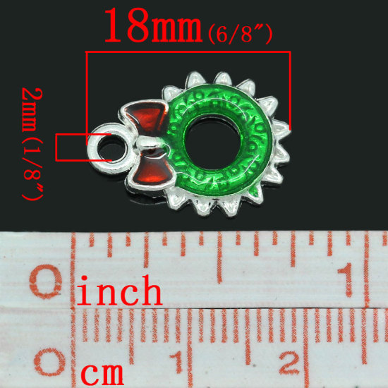 Picture of Charm Pendants Christmas Wreath Silver Plated Enamel Red&Green 18x13mm,10PCs