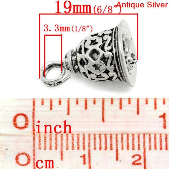 Picture of Charm Pendants Christmas Jingle Bell Antique Silver Color Flower Pattern Carved 19x12mm,10PCs