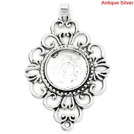 Image de Pendentif en Alliage de Zinc Losange Argent Vieilli Creux (Convenable à Cabochon 17mm Dia.) 5.7cm x 3.7cm, 10 PCs