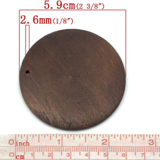 Picture of Natural Wood Charm Pendants Round Disc Coffee 5.9cm Dia,20PCs