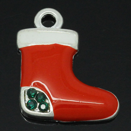 Picture of Charm Pendants Christmas Candy Cane Stocking Silver Plated Enamel Red & White W/ Green Rhinestone 17mm x 15mm( 5/8"x 5/8"), 10 PCs