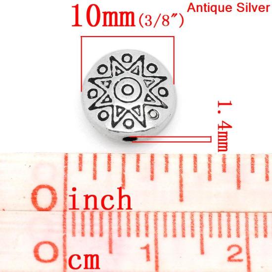 Picture of Spacer Beads Round Antique Silver Color Sun Pattern Carved 10mm Dia,Hole:Approx 1.4mm,50PCs