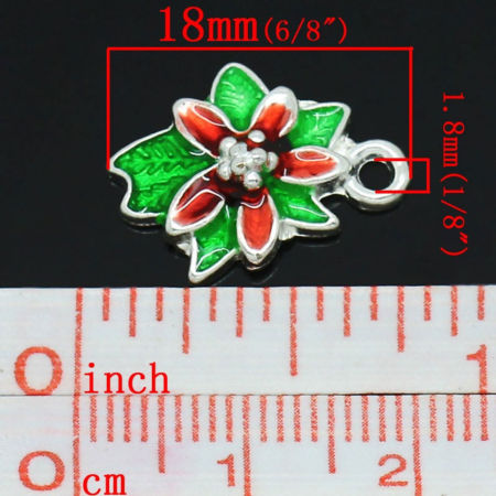 Picture of Charm Pendants Christmas Wreath Flower Silver Plated Enamel Red & Green 18x14mm,10PCs