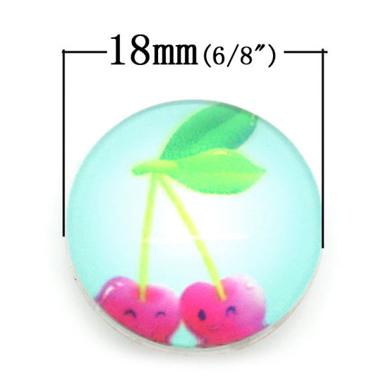 Picture of 18mm Glass Snap Buttons Round Aluminum Tone Multicolor Cherry Pattern Fit Snap Button Bracelets, Knob Size: 5.5mm( 2/8"), 12 PCs