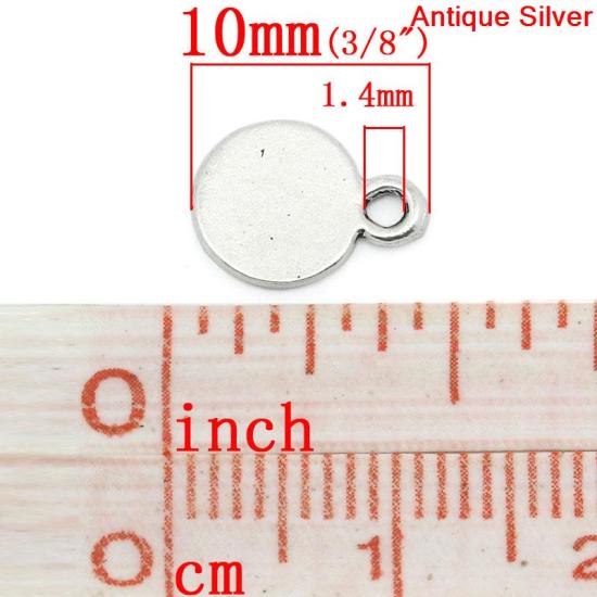 Picture of Zinc Metal Alloy Charm Pendants Round Disc Antique Silver Color 10mm( 3/8") x 8mm( 3/8"), 100 PCs