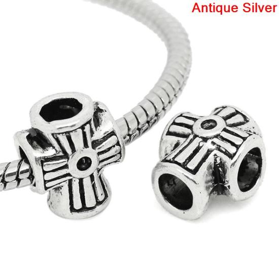 Picture of Zinc Metal Alloy European Style Large Hole Charm Beads Cross Antique Silver Color Inlaid Diamonds About 12mm x 10mm, Hole: Approx 4.5mm, 50 PCs