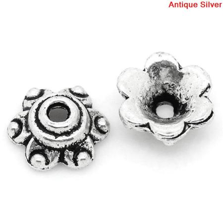 Zinc Based Alloy Beads Caps Flower Antique Silver Color (Fits 14mm Beads) 6mm x 7mm, 300 PCs