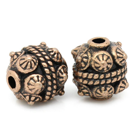 Spacer Beads Column Antique Copper Flower Carved 11mm x 10mm,Hole:Approx 2mm,30PCs