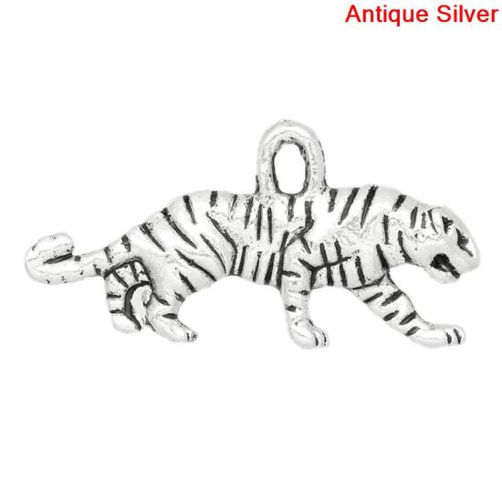 Picture of Zinc Metal Alloy Charm Pendants Tiger Animal Antique Silver Color 22mm x 11mm( 7/8"x 3/8"), 50 PCs