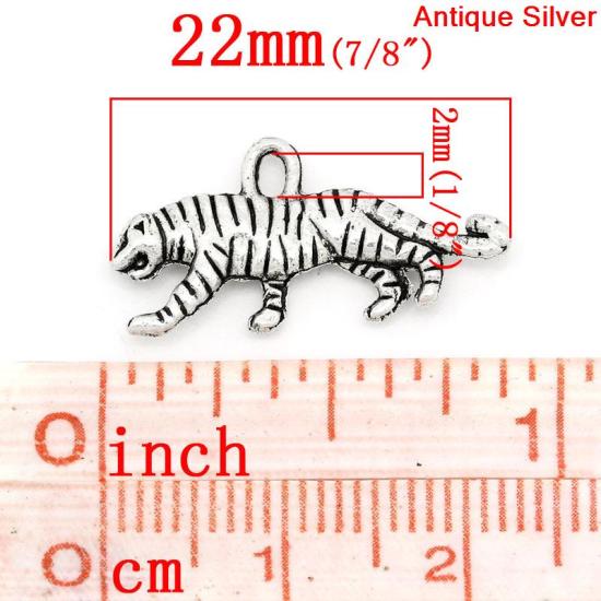 Picture of Zinc Metal Alloy Charm Pendants Tiger Animal Antique Silver Color 22mm x 11mm( 7/8"x 3/8"), 50 PCs