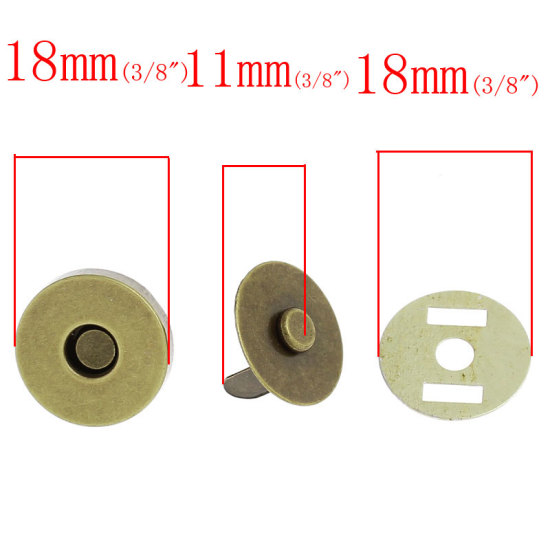 Picture of Magnetic Hematite Magnetic Snap Clasps For Purse Handbag Round Antique Bronze 18mm x13mm 18mm x11mm 18mm Dia, 20 Sets