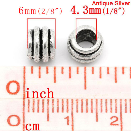 Image de Perles en Alliage de Zinc Forme Tambour Argent Antique Rayées 6.0mm x 8.0mm, Tailles de Trous: 4.3mm, 100 Pièces