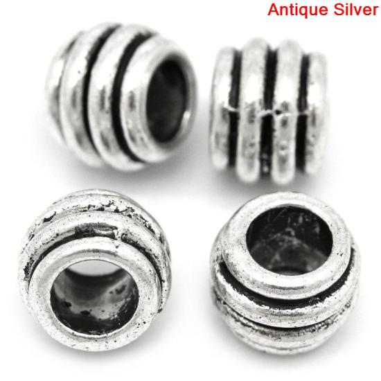 Image de Perles en Alliage de Zinc Forme Tambour Argent Antique Rayées 6.0mm x 8.0mm, Tailles de Trous: 4.3mm, 100 Pièces