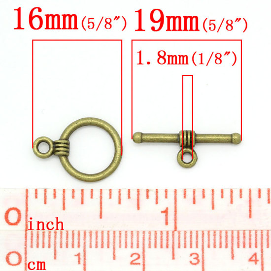 Bild von Zinklegierung Knebelverschluss Rund Bronzefarbe 11mm x 16mm 19mm x 6mm, 100 Sets