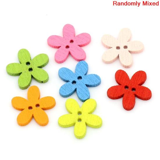 Picture of Wood Sewing Button Scrapbooking Flower At Random Mixed 2 Holes 14mm( 4/8") x 15mm( 5/8"), 200 PCs